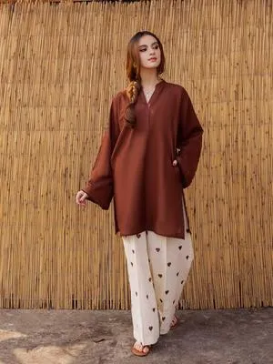 Women Linen 2Pcs Set Brown V-Neck Shirt & Embroidered Trouser thumbnail 2