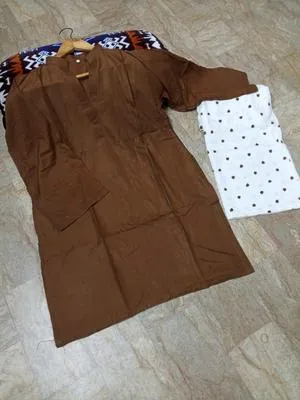 Women Linen 2Pcs Set Brown V-Neck Shirt & Embroidered Trouser thumbnail 3