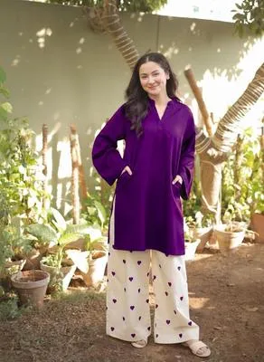 2 Pcs Women Linen Shirt Trouser Purple V Neck Embroidered