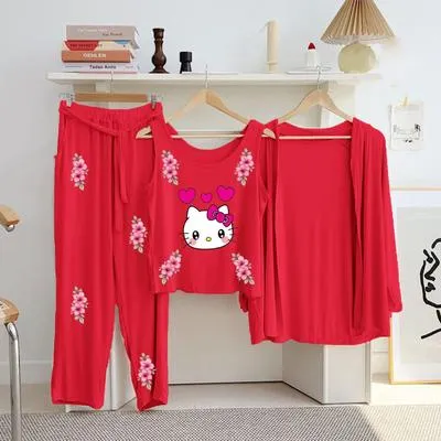 Red Hello Kitty 3Pc Women's Night Suit Set