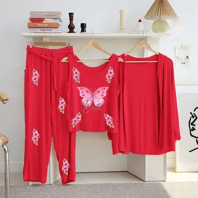 Red Printed 3Pcs Women Jersey Night Suit Set