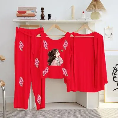 Red Printed 3Pcs Women Jersey Night Suit Set