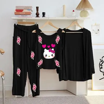 Women Hello Kitty Printed Night Suit Black 3Pcs Jersey Set