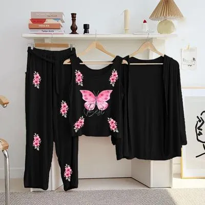 Women Black Butterfly Printed 3Pc Night Suit Set