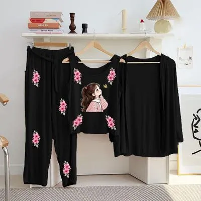 Women Printed Jersey Night Suit Black 3Pcs Set