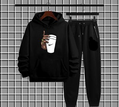 Men's Fleece Hoodie Track Suit - 2 Pcs in Black with Graphic Sublimation