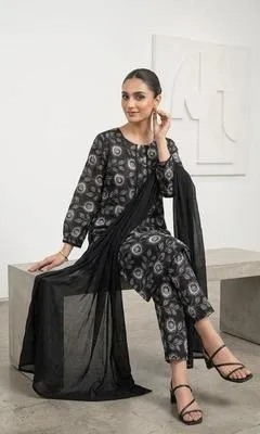 3 Pcs Women's Stitched Lawn Digital Print Suit Black Special