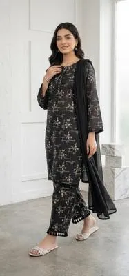 3 Pcs Women's Stitched Lawn Digital Print Suit Black Special