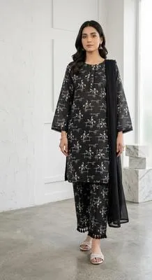 3 Pcs Women's Stitched Lawn Digital Print Suit Black Special thumbnail 2