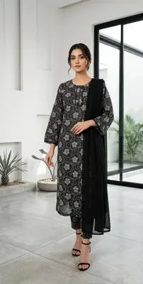 3 Pcs Women's Stitched Lawn Digital Print Suit Black Special