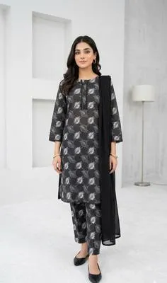 3 Pcs Women's Stitched Lawn Digital Print Suit Black Special