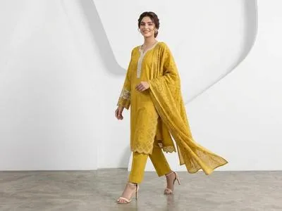 Mustard Embroidered 3Pcs Cotton Lawn Suit Set for Women