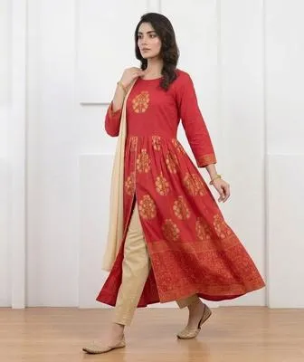 Red Block Printed Arabic Lawn Maxi Set for Women thumbnail 2
