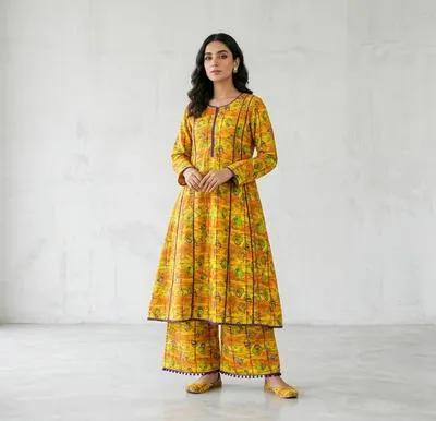 Women's Yellow Printed Anarkali Kurta Set with Pajama