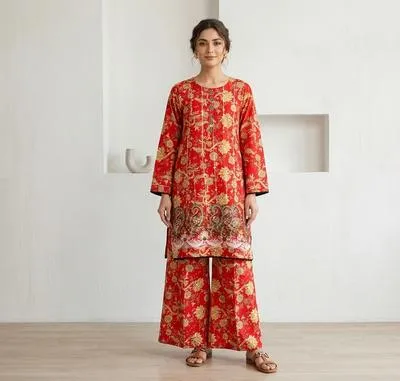 Red Printed Kurta Pajama Set for Women
