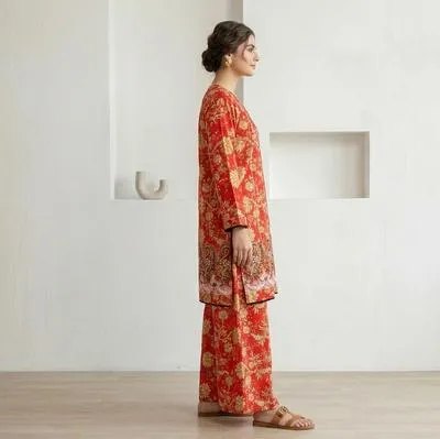 Red Printed Kurta Pajama Set for Women thumbnail 2