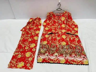Red Printed Kurta Pajama Set for Women thumbnail 3