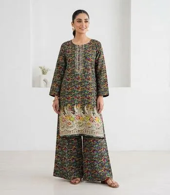 Pakistani Printed Kurta Pajama Set with Embroidered Details