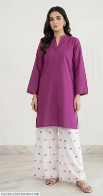 2Pcs Women's Stitched Cotton Lawn Block Printed Shirt And Flapper Viral Heart Printed thumbnail 5