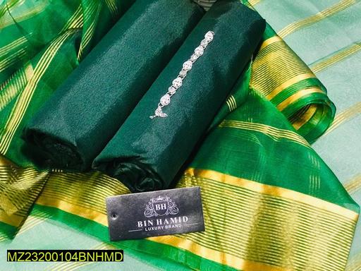 3 Pcs Women's Unstitched Katan Silk Plain Suit