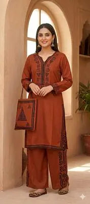 Brown Printed Linen 3Pc Women Set with Bag