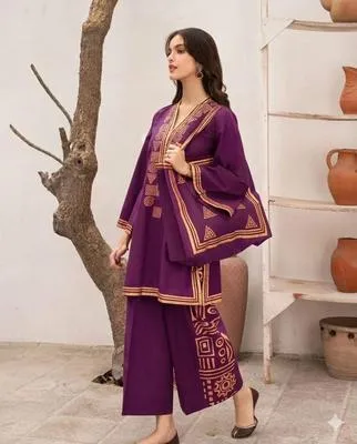 Purple Linen Printed 3Pc Set with Bag thumbnail 2