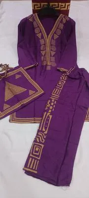 Purple Linen Printed 3Pc Set with Bag thumbnail 3