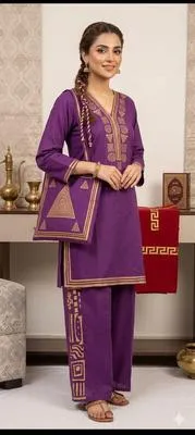Purple Linen Printed 3Pc Set with Bag thumbnail 4