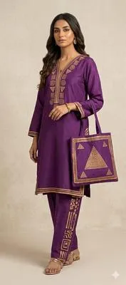 Purple Linen Printed 3Pc Set with Bag thumbnail 5