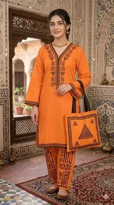 Orange Printed Linen 3Pc Women Set with Bag