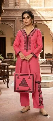 Pink Linen Printed 3Pc Set with Bag