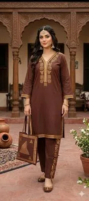 Brown Printed 3-Piece Linen Suit for Women thumbnail 2