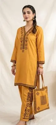 Women Linen Printed Shirt Trouser Set Mustard with Bag thumbnail 3