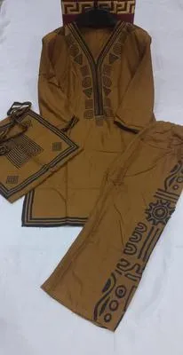 Brown Printed Linen 3Pc Set Shirt Trouser Bag thumbnail 4