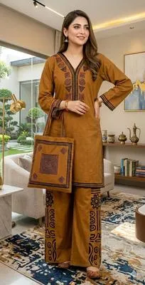 Brown Printed Linen 3Pc Set with Bag thumbnail 5