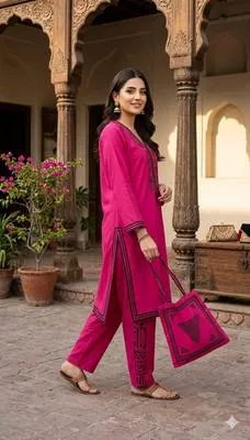 Pink Linen Printed 3Pc Set with Bag