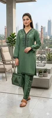 Linen 3-Piece Printed Set Green V-Neck