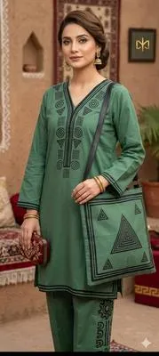 Linen 3-Piece Printed Set Green V-Neck thumbnail 5