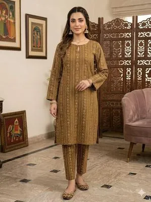 Beige Printed Linen 2-Piece Set for Eid & Festive Wear thumbnail 2