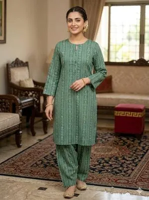 2 Pcs Women Linen Printed Kurta Pant Set Turquoise Summer