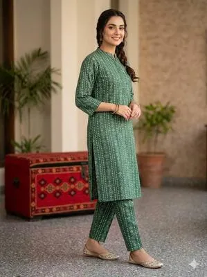 2 Pcs Women Linen Printed Kurta Pant Set Turquoise Summer thumbnail 2