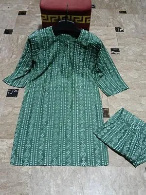 2 Pcs Women Linen Printed Kurta Pant Set Turquoise Summer thumbnail 3