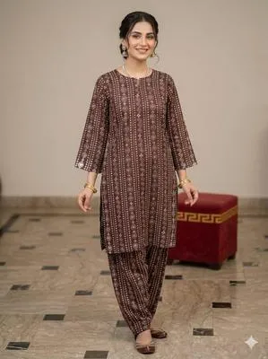 2 Pcs Women Linen Printed Kurta Pant Set Brown Summer