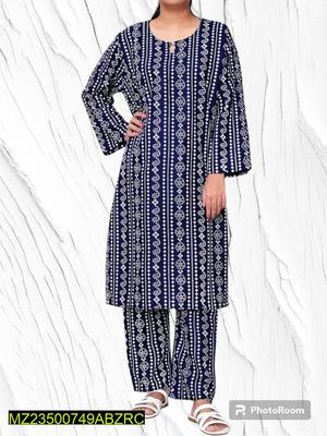 2 Pcs Women's Stitched Linen Printed Suit