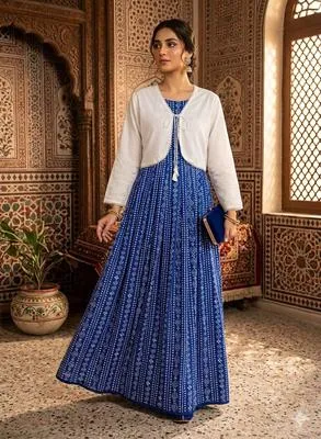 Blue Printed Linen Maxi Dress with White Jacket Set