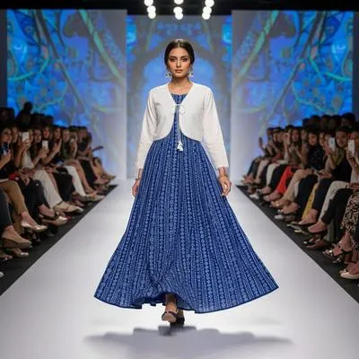 Blue Printed Linen Maxi Dress with White Jacket Set thumbnail 2