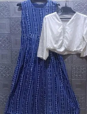 Blue Printed Linen Maxi Dress with White Jacket Set thumbnail 3