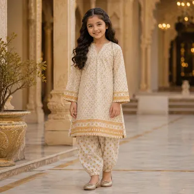 Charming Girls' Cotton Printed Kurta and Shalwar - 2 Pcs Ivory Set thumbnail 2