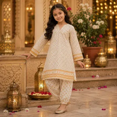 Charming Girls' Cotton Printed Kurta and Shalwar - 2 Pcs Ivory Set thumbnail 3