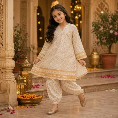 Charming Girls' Cotton Printed Kurta and Shalwar - 2 Pcs Ivory Set thumbnail 4